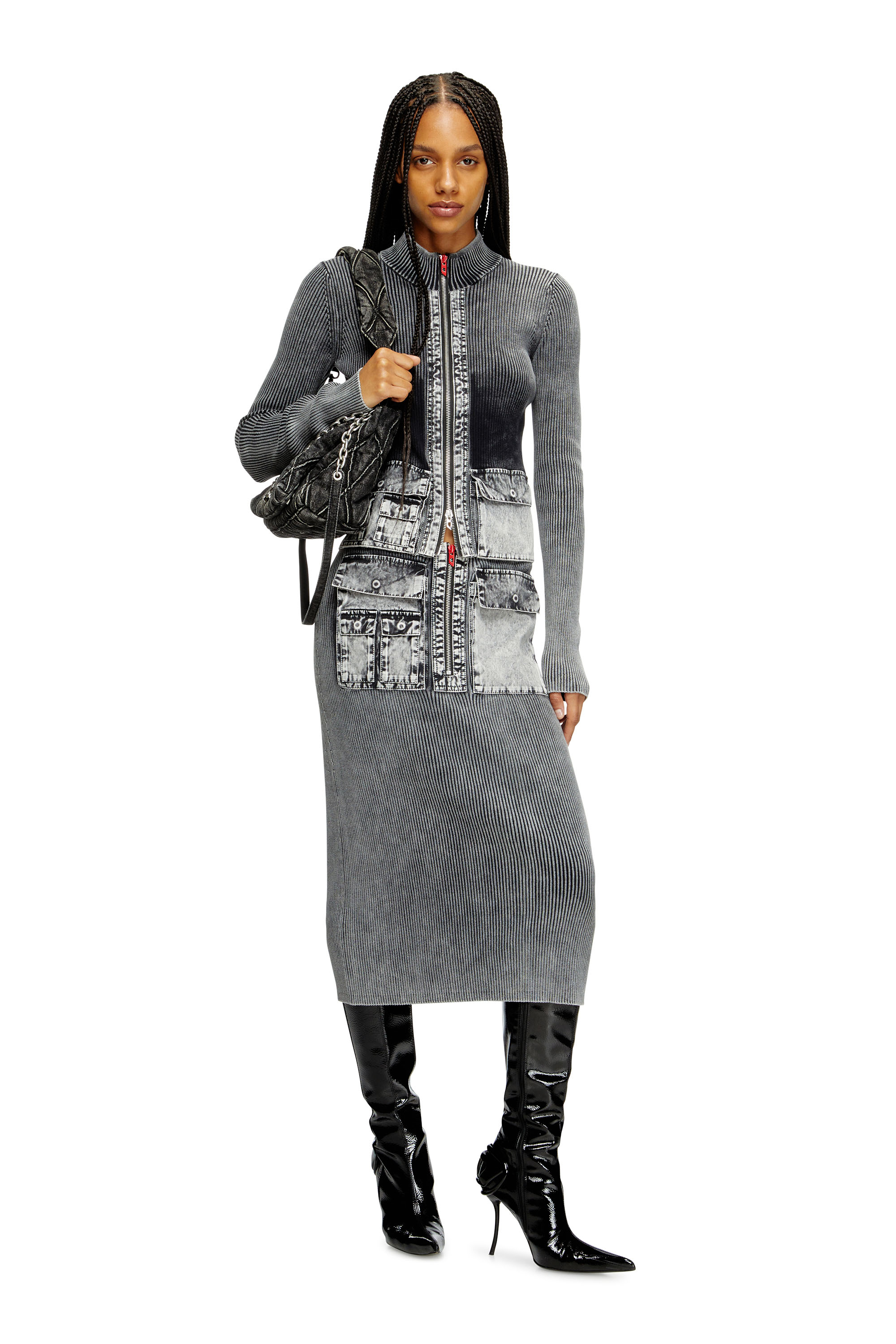 Diesel - M-MERYN, Woman's Knit midi skirt with denim cargo pockets in Dark grey - 1