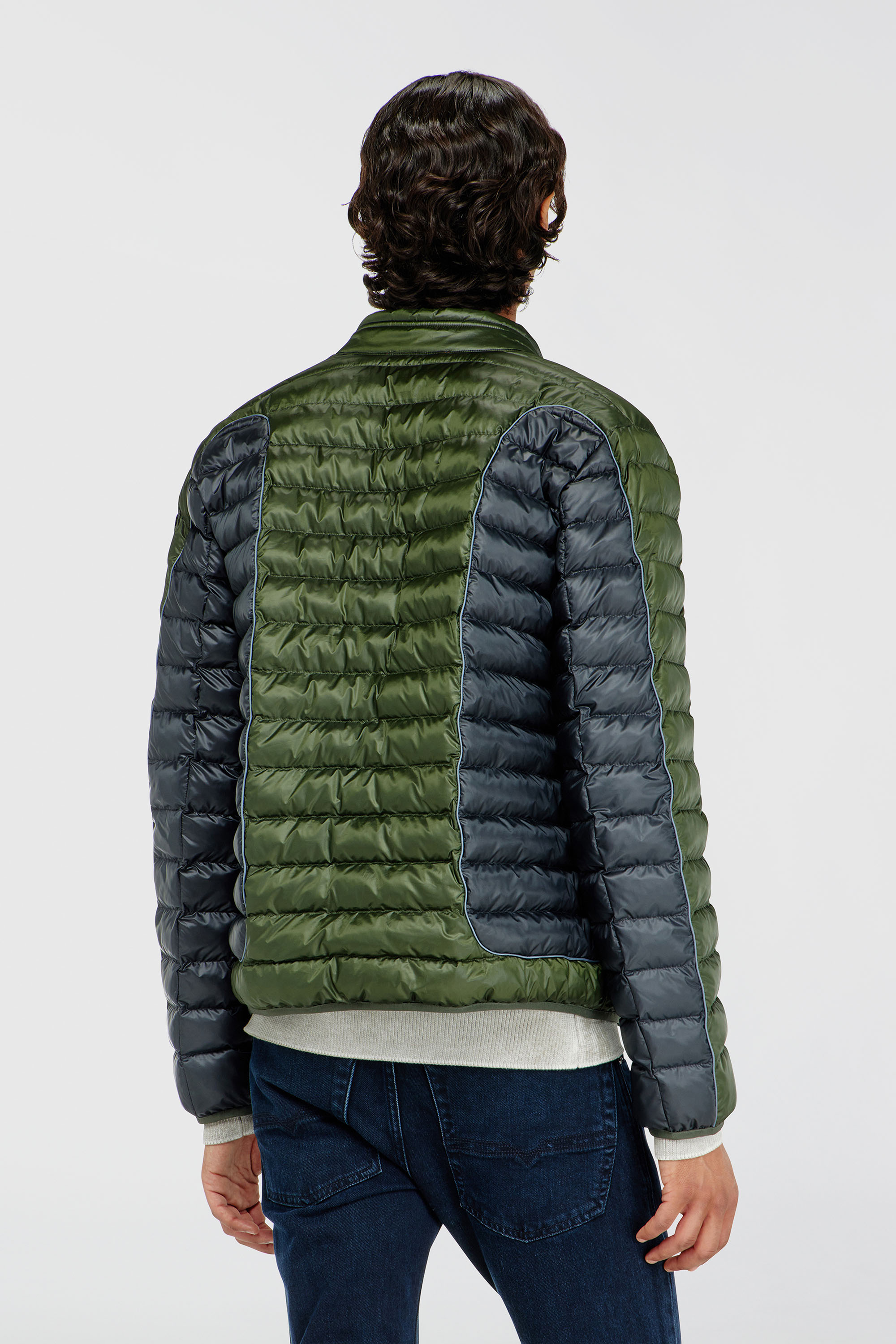 Diesel - W-PILOT-BLOCK, Man's Biker-style puffer jacket with colour-block design in Grey/Green - 4