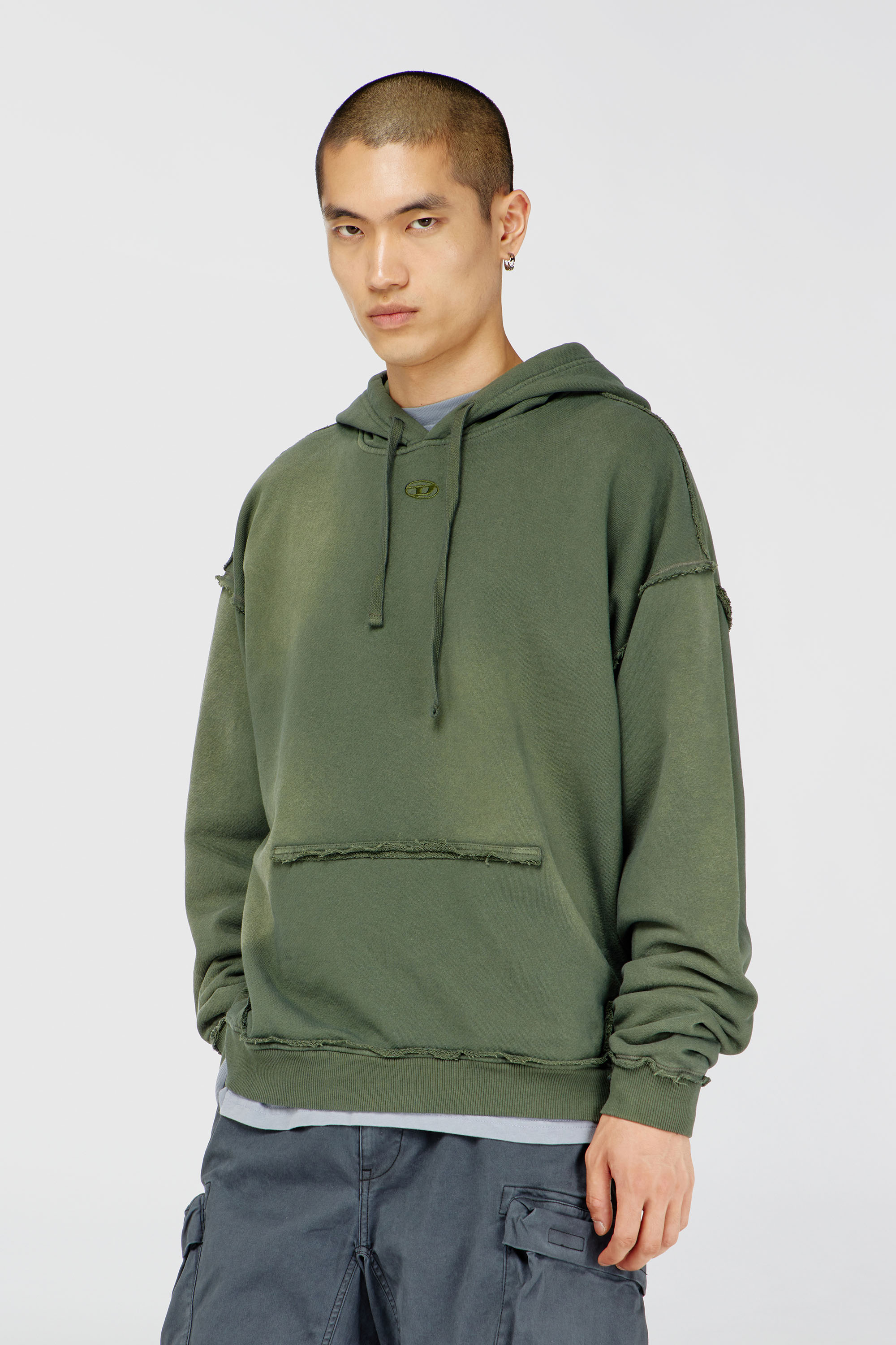 Diesel - S-POCK-HOOD, Man's Faded cotton hoodie with frayed details in Military Green - 3