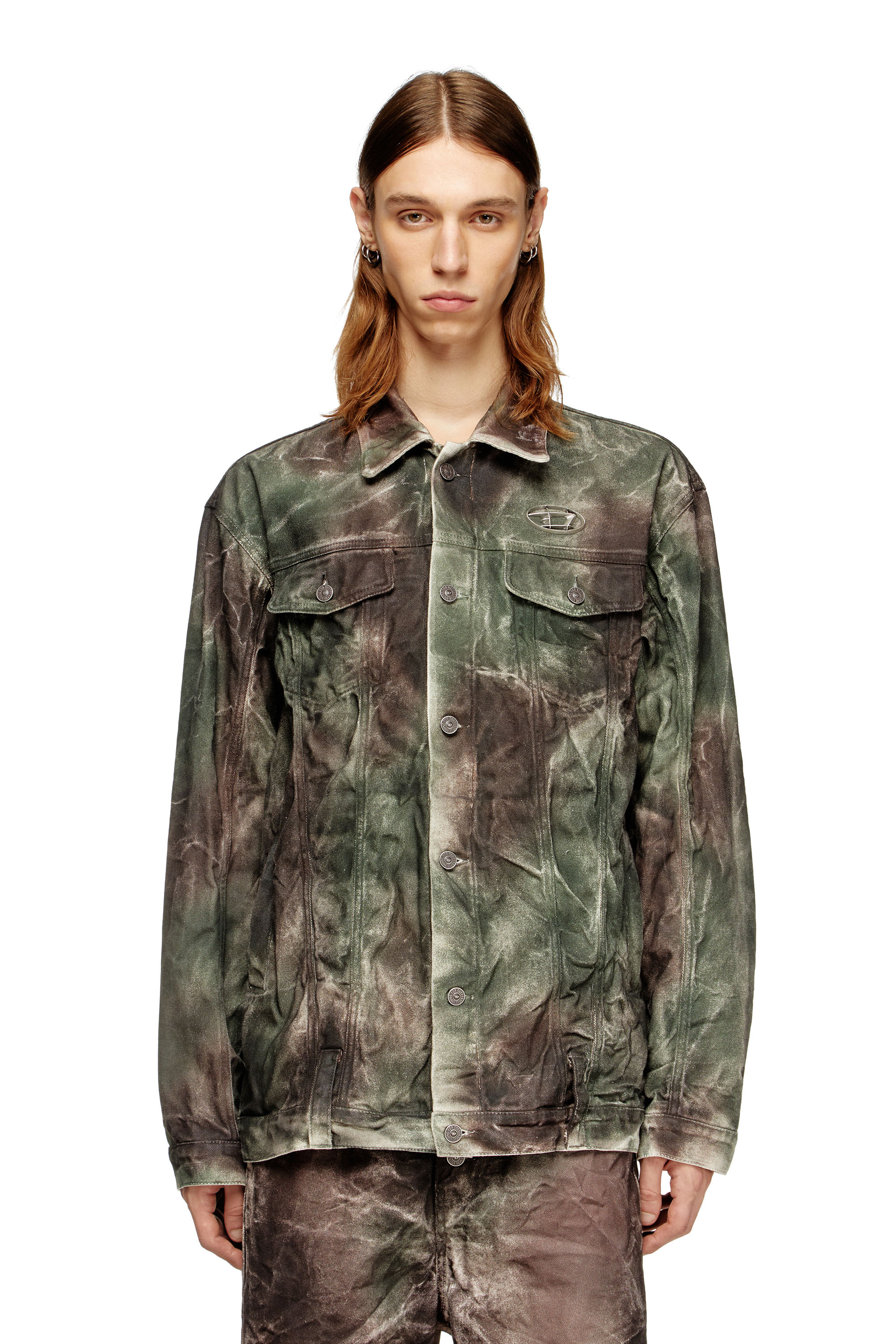 Diesel - J-THUG-JKT, Unisex's Trucker jacket in crinkled camo canvas in Brown/Green - 3
