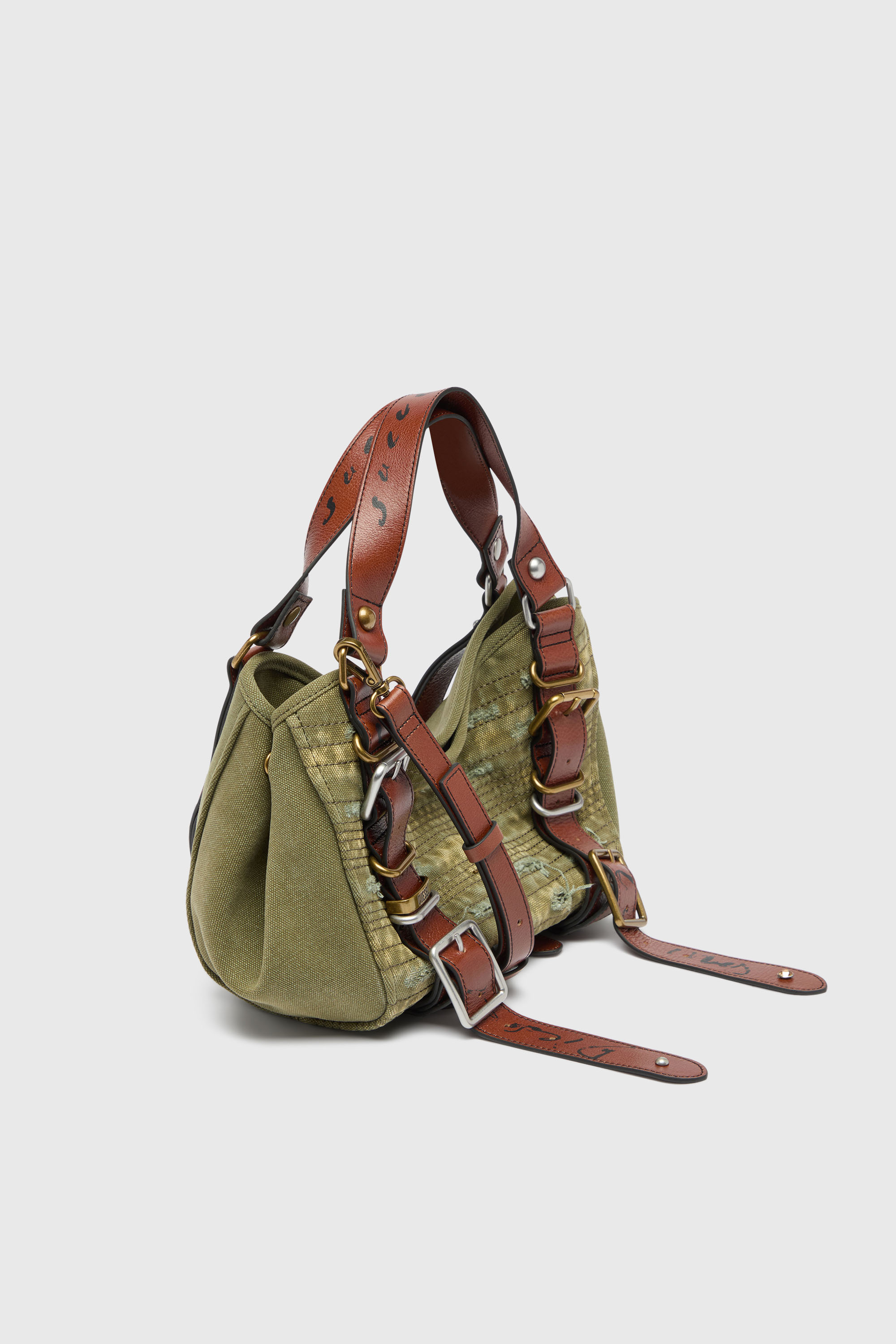 Diesel - D-ONE TOPHANDLE S, Woman's D-One-Small top-handle bag in distressed canvas and leather in Green - 5