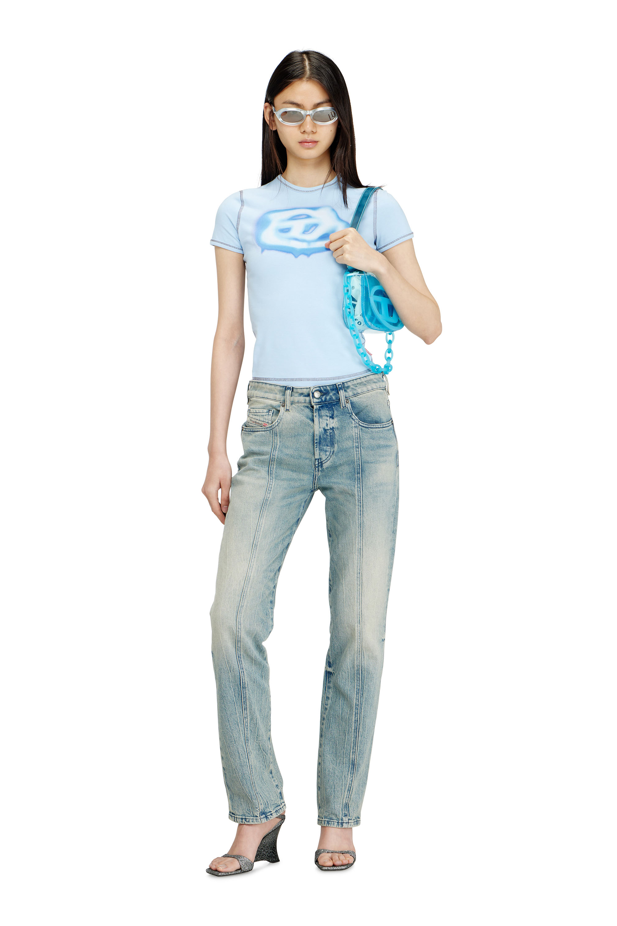 Diesel - T-UNCUTIES-LONG-S3, Woman's Slim T-shirt with graffiti-effect logo in Azure - 1
