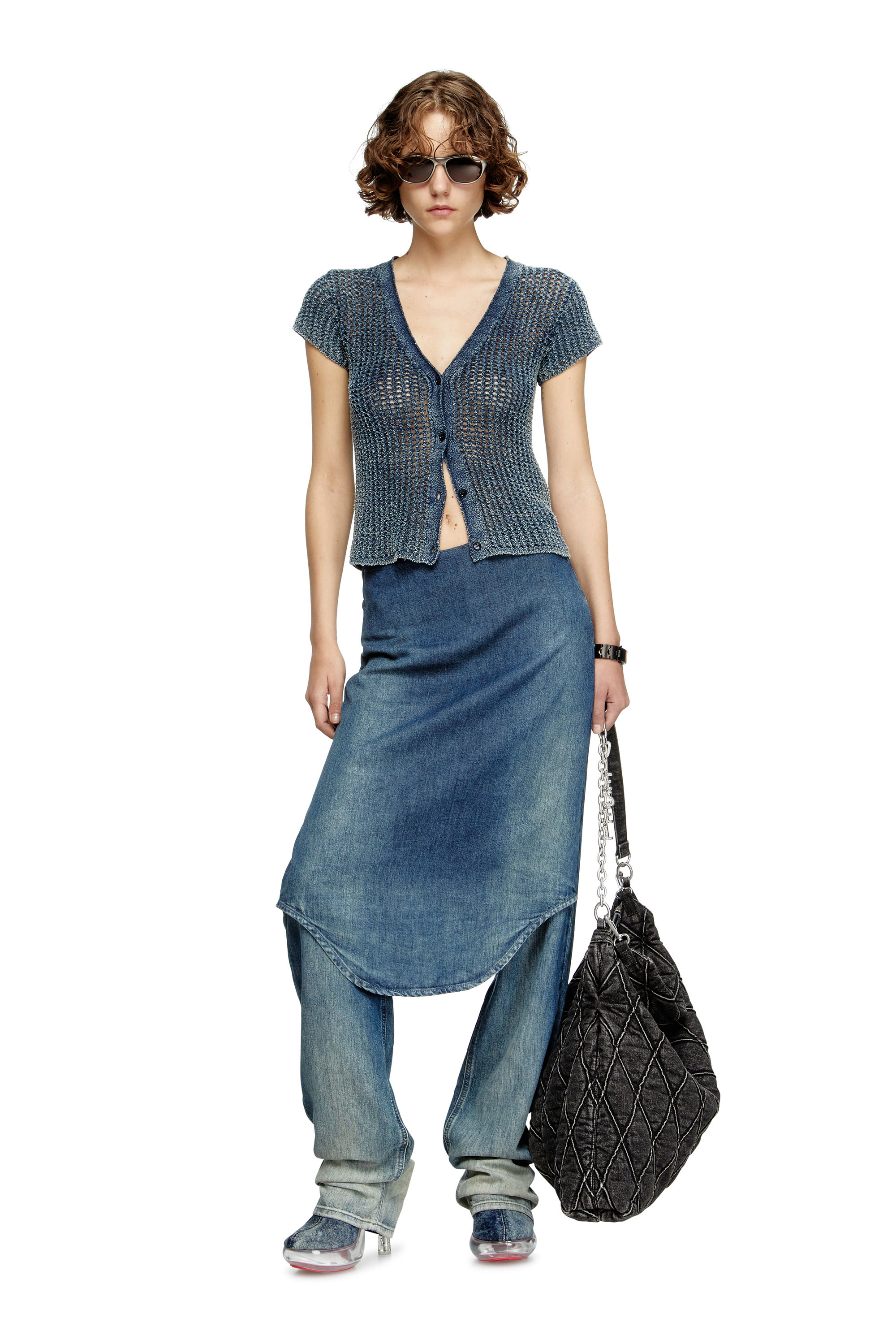 Diesel - M-REZ, Woman's Short-sleeve cardigan in denim mesh knit in Medium blue - 2
