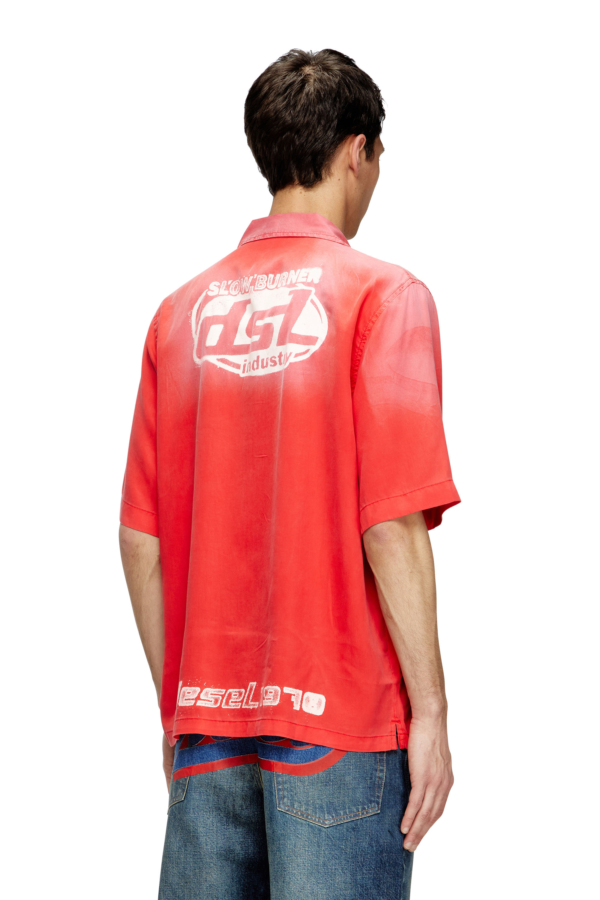 Diesel - S-ELLY, Man's Faded bowling shirt with logo prints in Red - 3