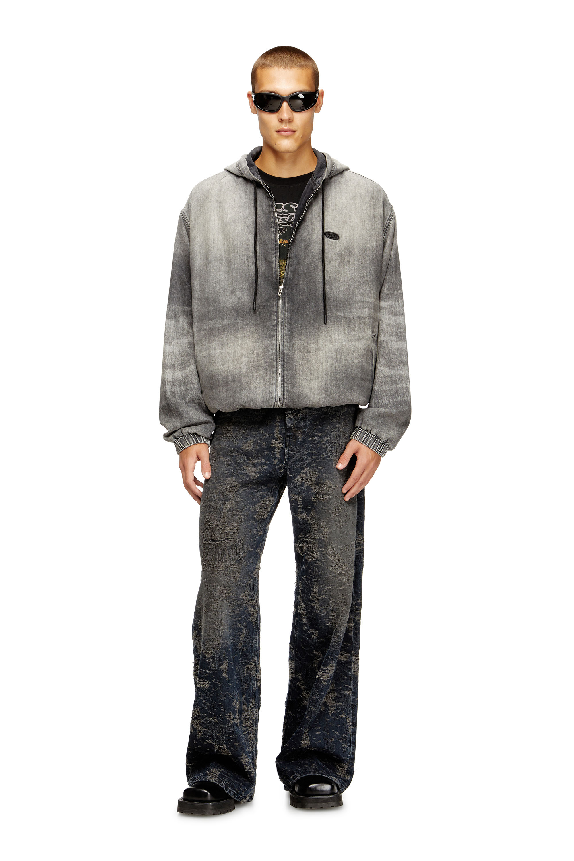 Diesel - D-OFFY-S, Unisex's Hooded jacket in marbled coated denim in Black/Dark grey - 1