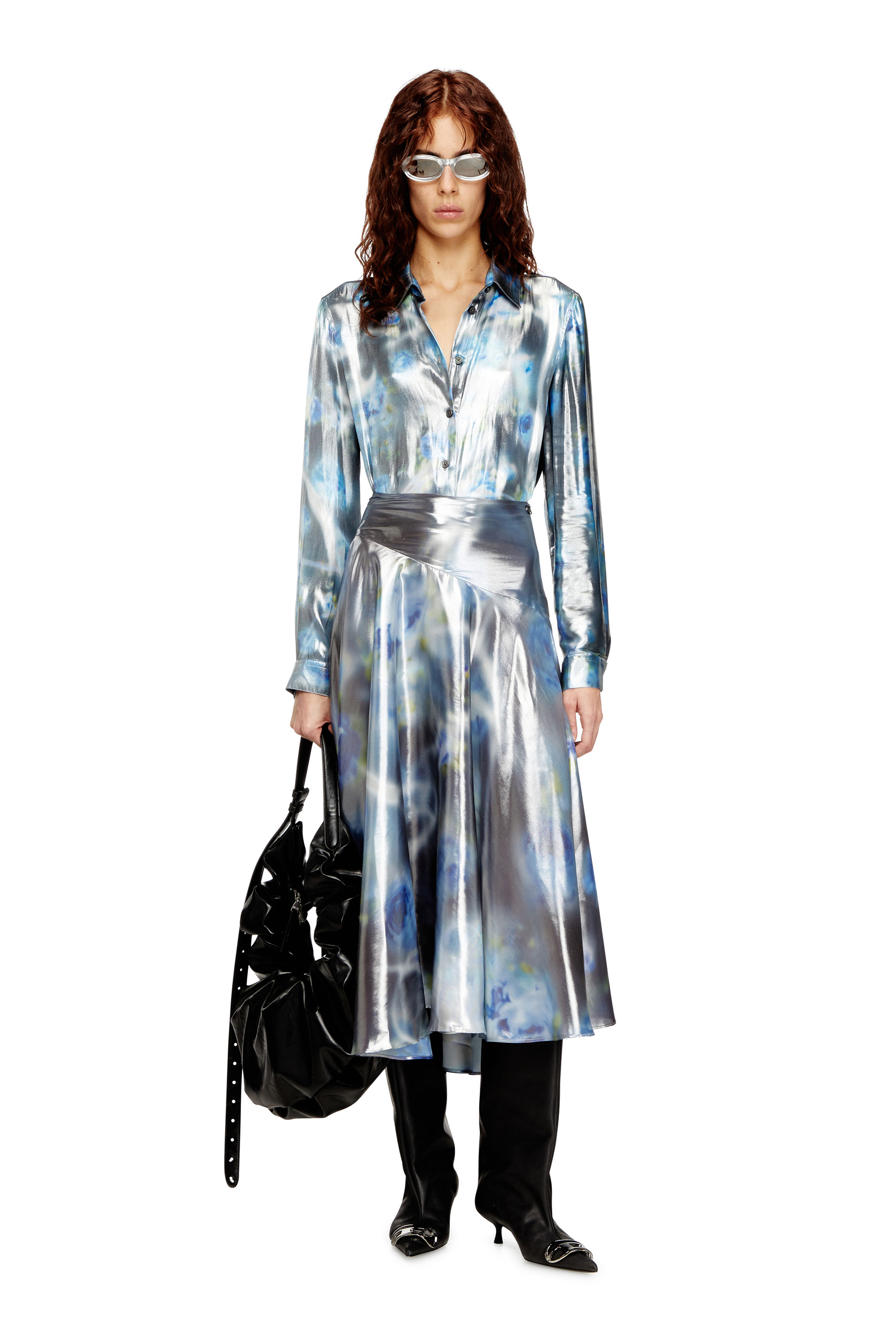 Diesel - O-ZULIE-S2, Woman's Metallic midi skirt with blurred rose print in null - 2