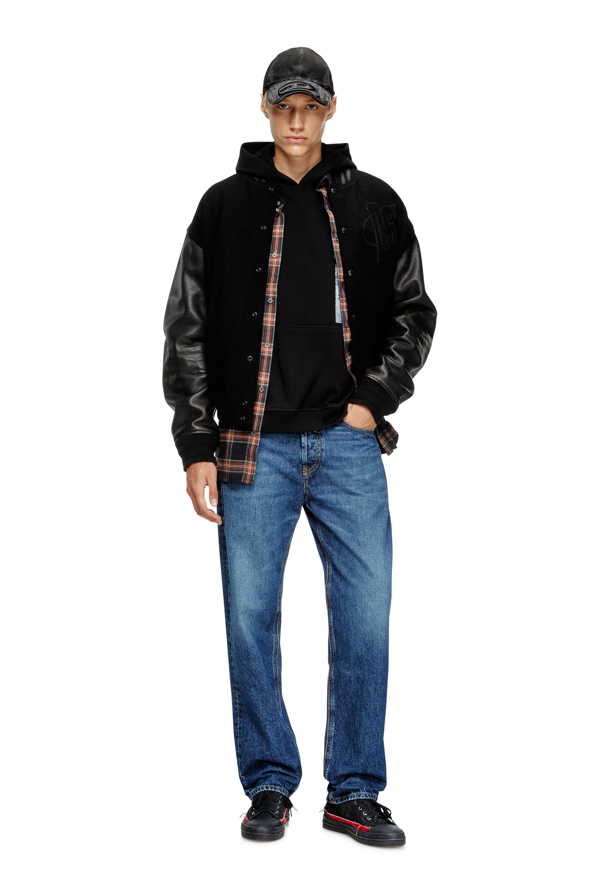 Diesel - L-NYMAN, Man's Varsity bomber jacket in cotton and leather in Black - 1