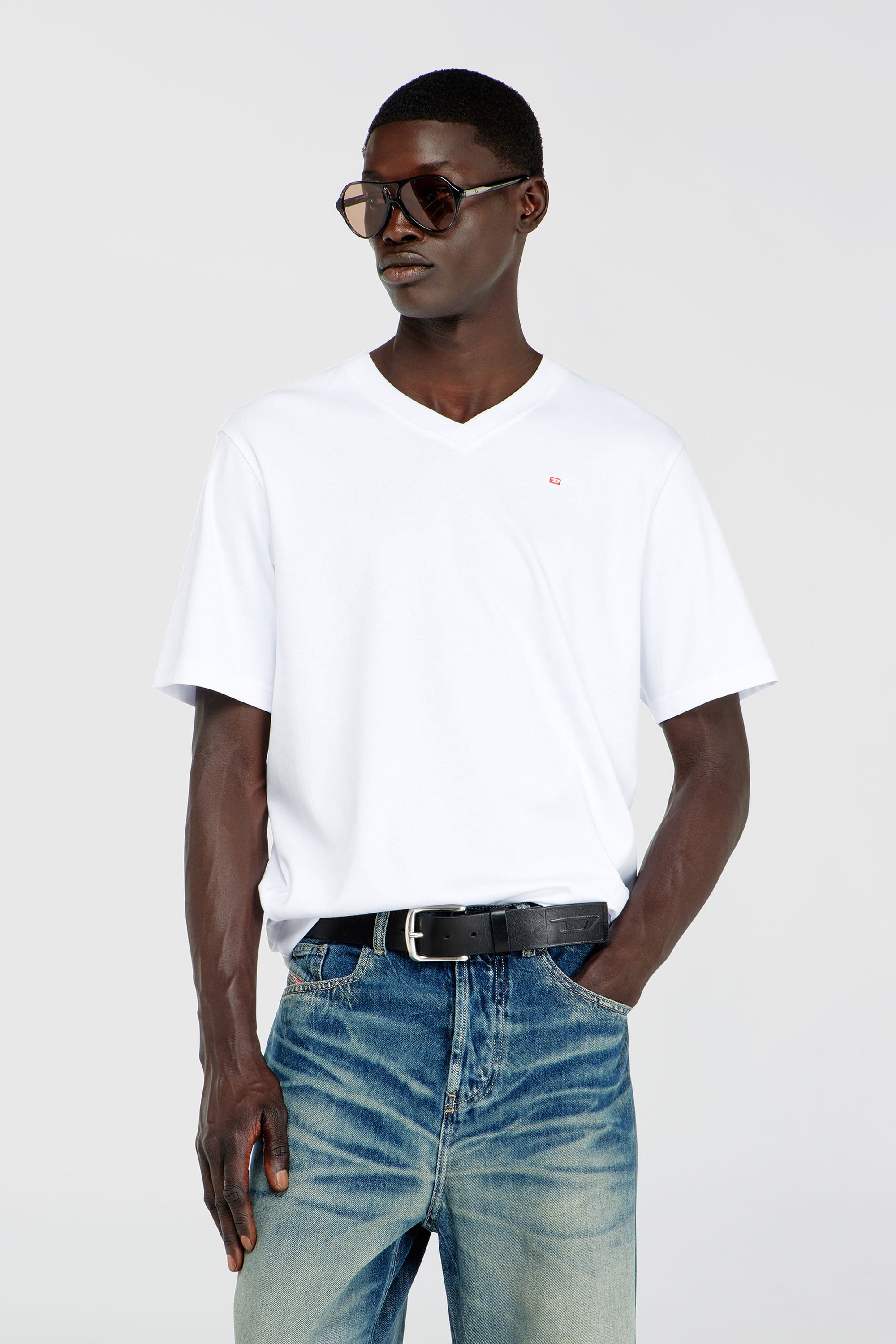 Diesel - T-ADJUST-V-MICRODIV, Man's V-neck T-shirt with micro logo embroidery in White/Red - 1