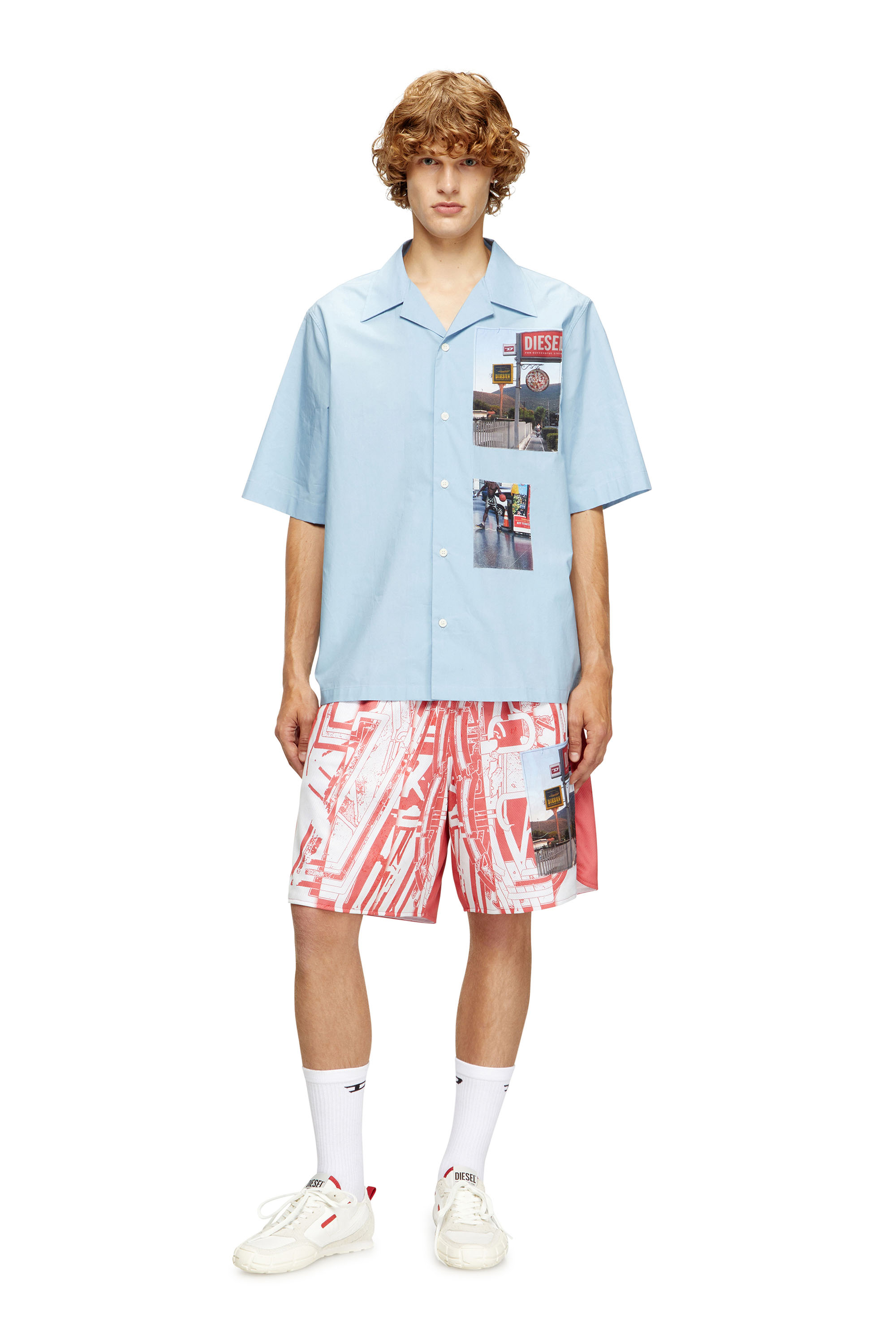 Diesel - S-BRACK-A-AJFY, Man's Short-sleeve shirt with logo photo patches in Light Blue - 1