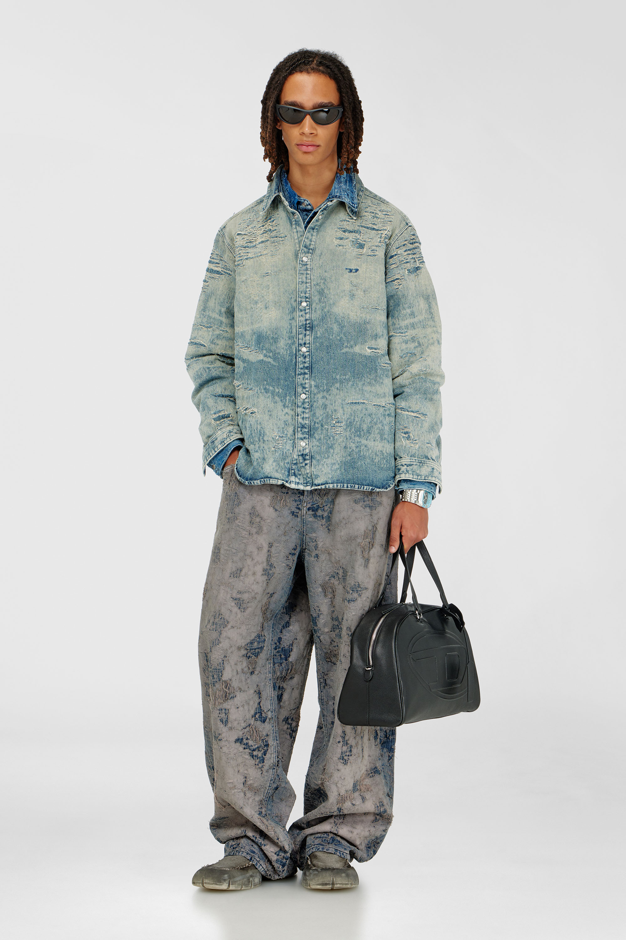 Diesel - D-SIMPLY, Man's Shirt in distressed-effect jacquard denim in Light Blue - 1