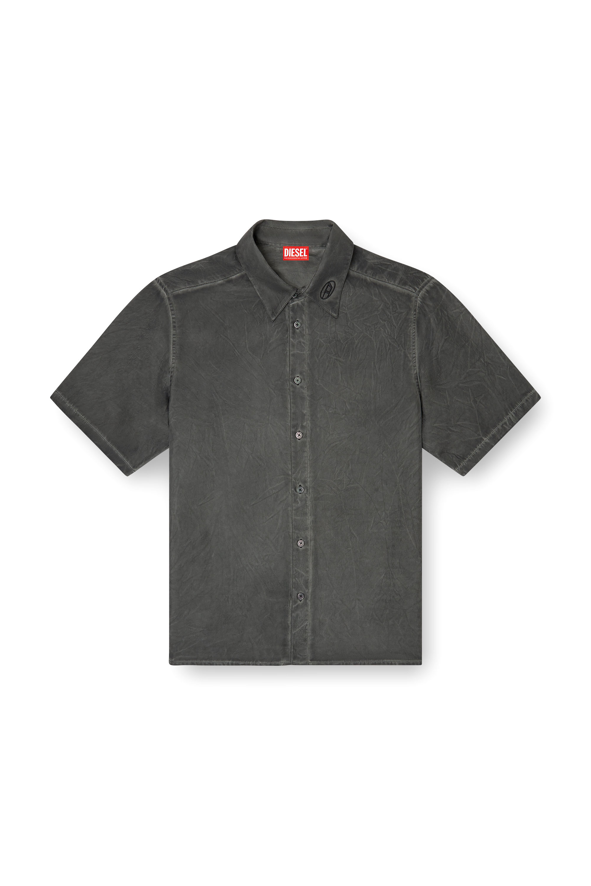 Diesel - S-LEON-SHORT, Unisex's Crinkled short-sleeve shirt with logo collar in Black - 4