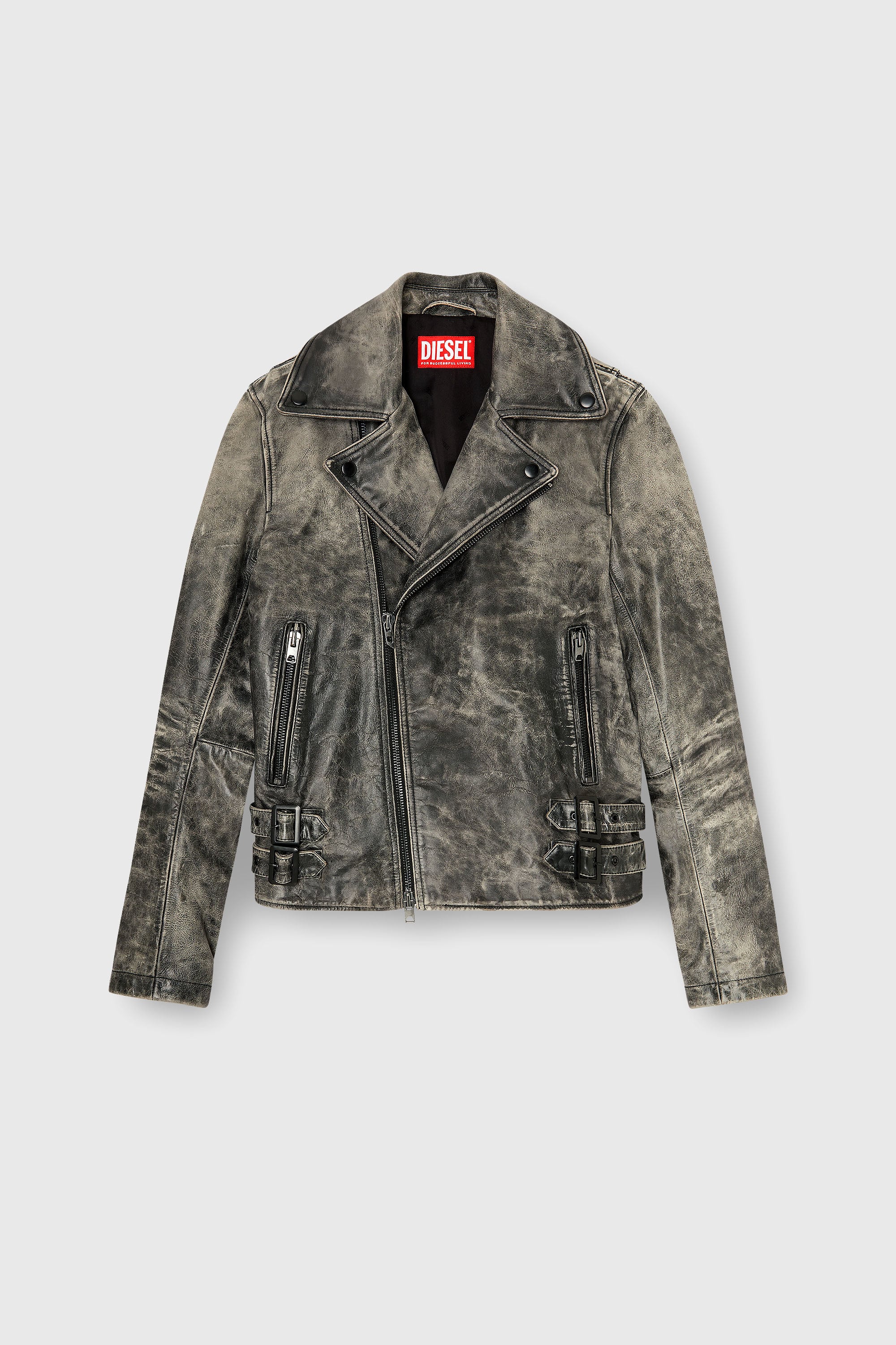 Diesel - L-EON-CJCM, Man's Biker jacket in treated leather in Dark grey - 1