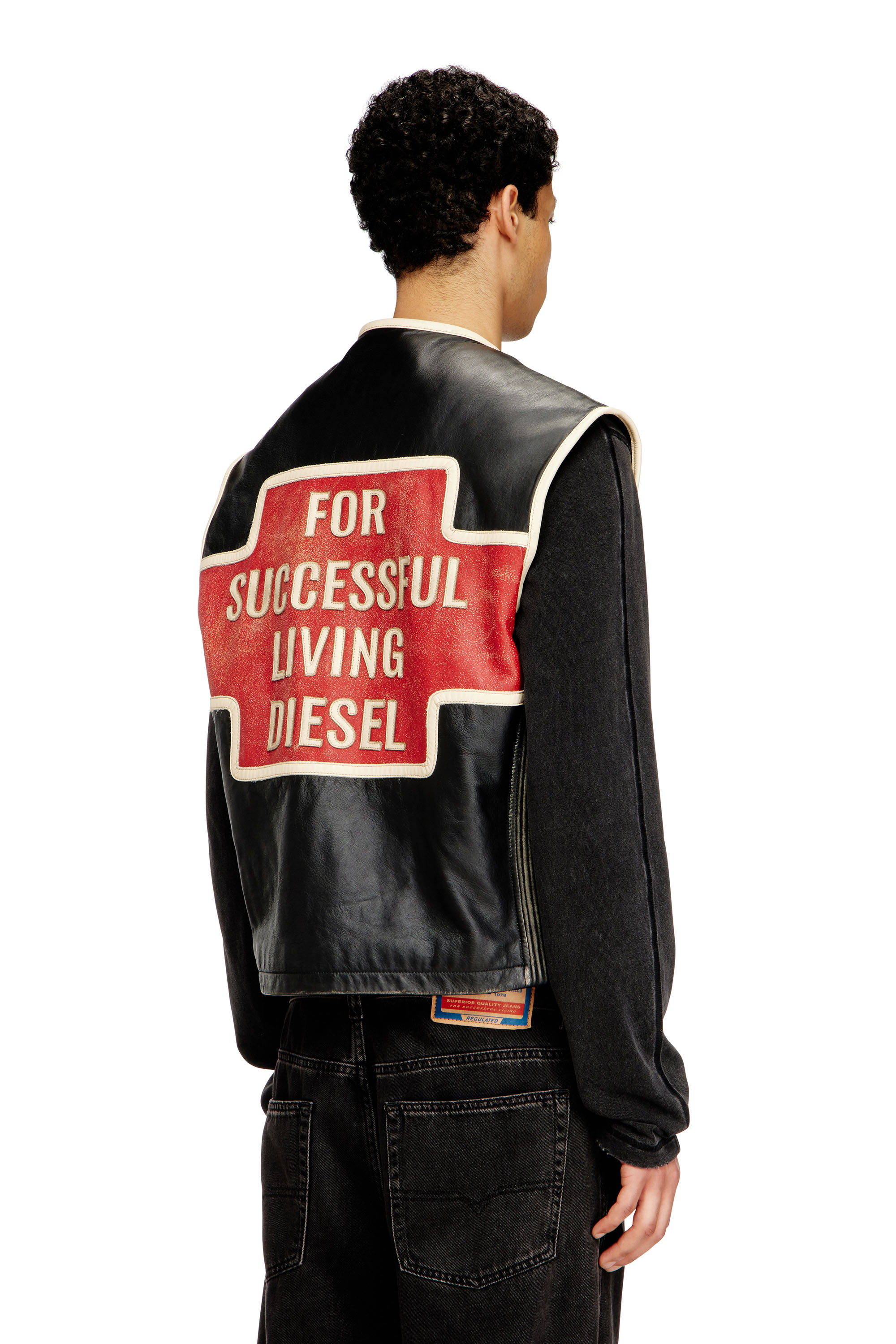 Diesel - L-FLYING-20TH, Man's Leather vest with embroidered patches in Black - 4