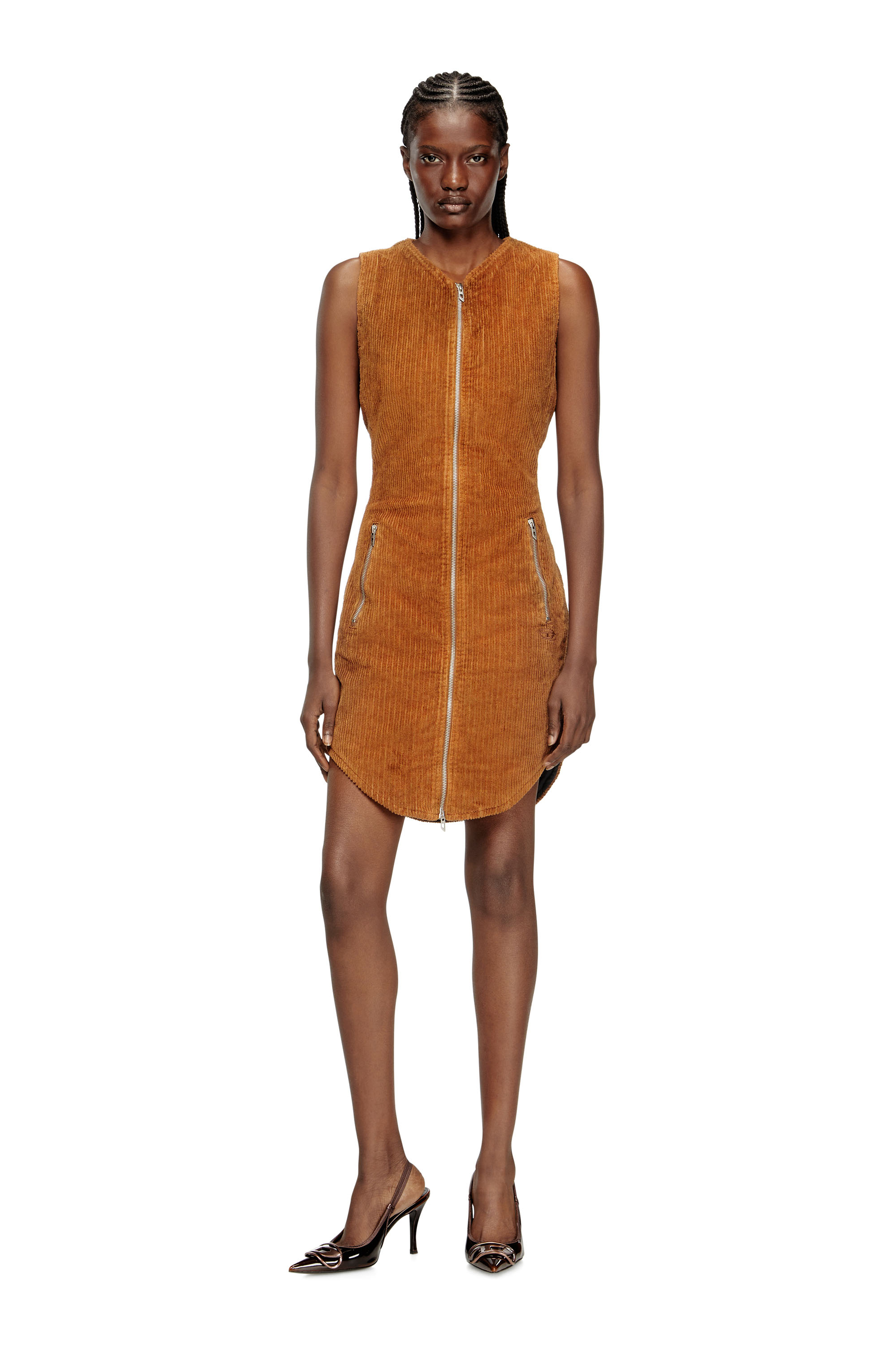 Diesel - D-ENEA, Woman's Cotton mini dress with front zipper in Brown - 2
