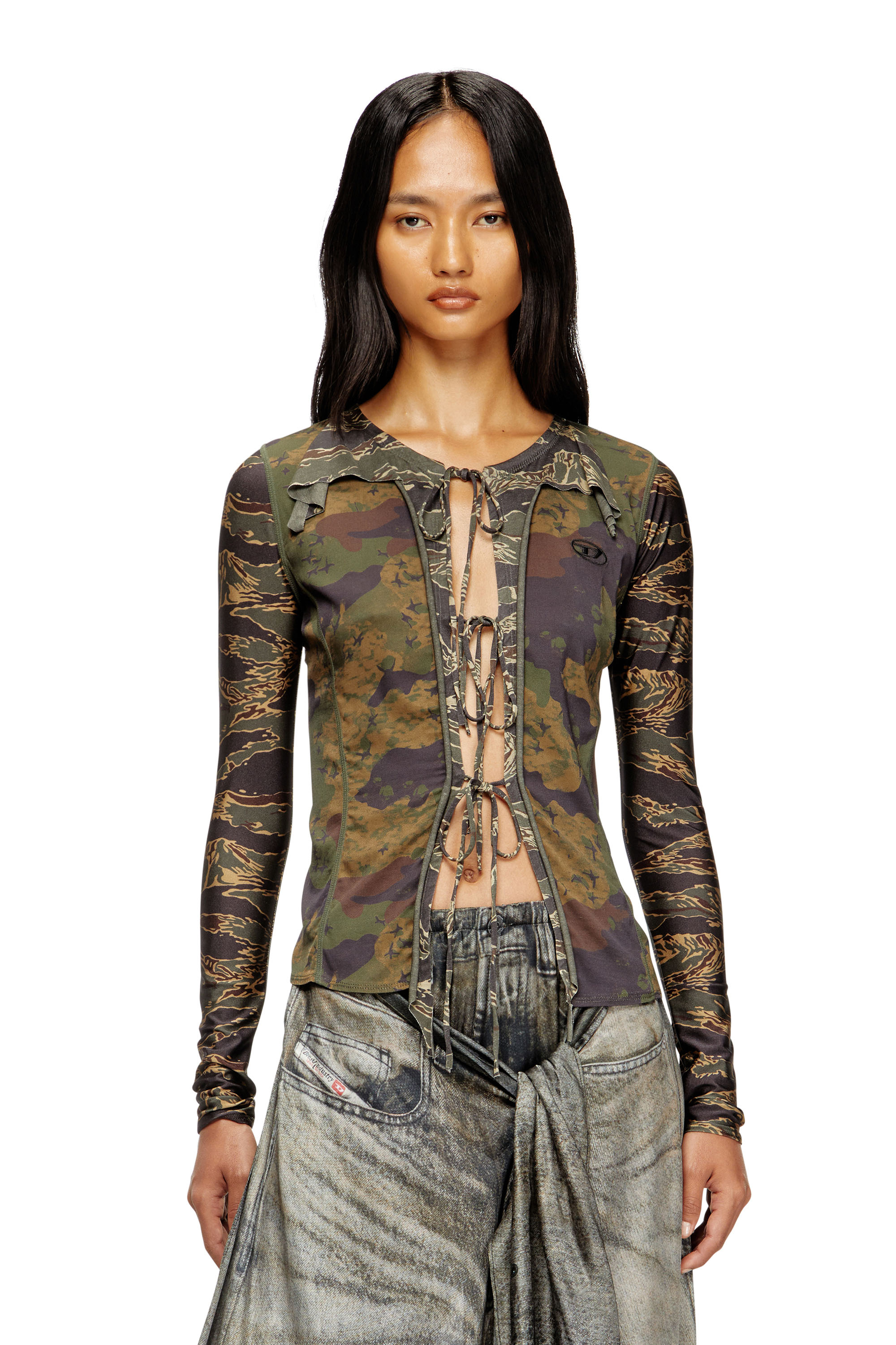 Diesel - T-AFRY, Woman's Tie cardigan with mixed camo prints in Military Green - 3