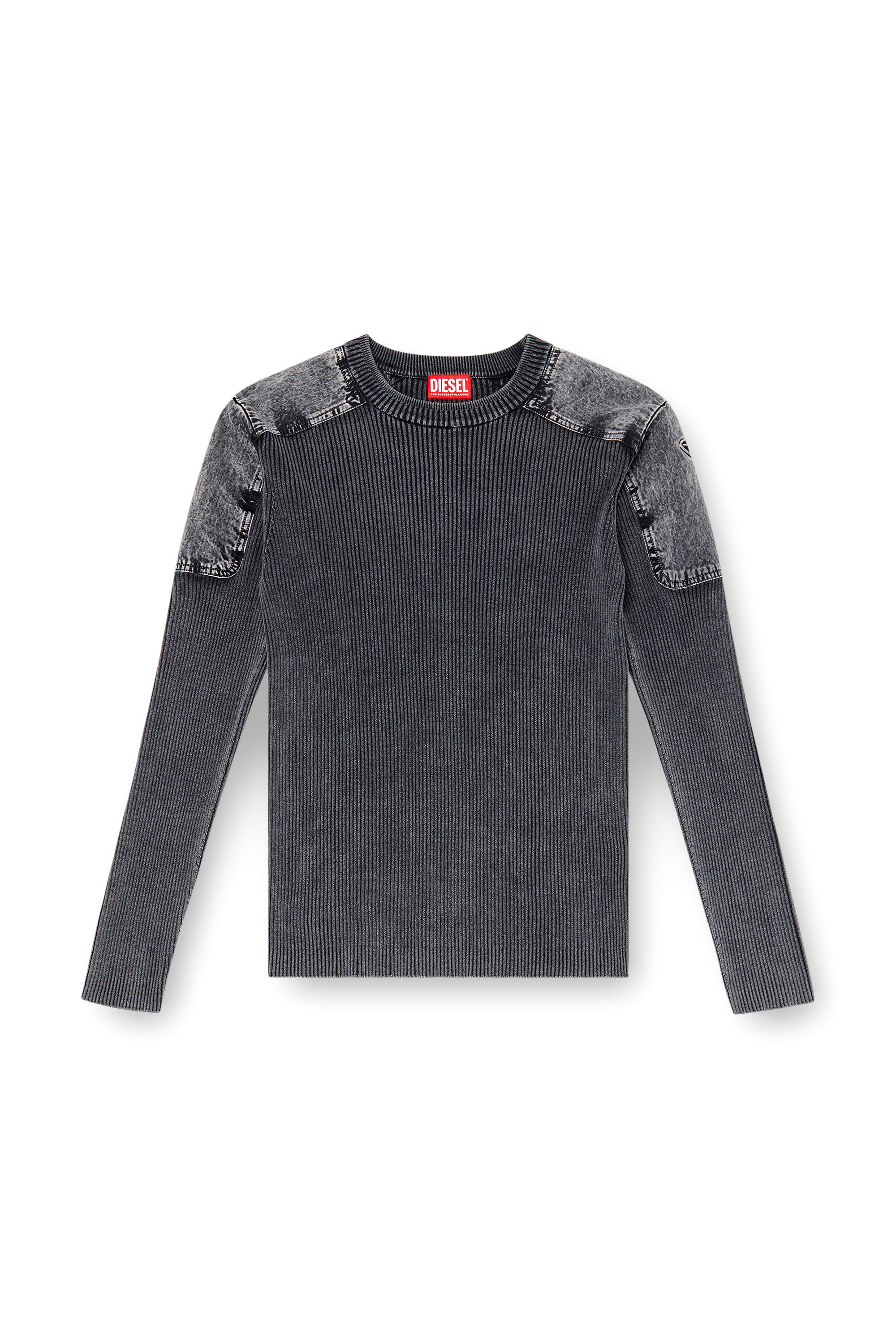 Diesel - K-MARTIN, Man's Jumper with denim shoulder panels in Dark grey - 3