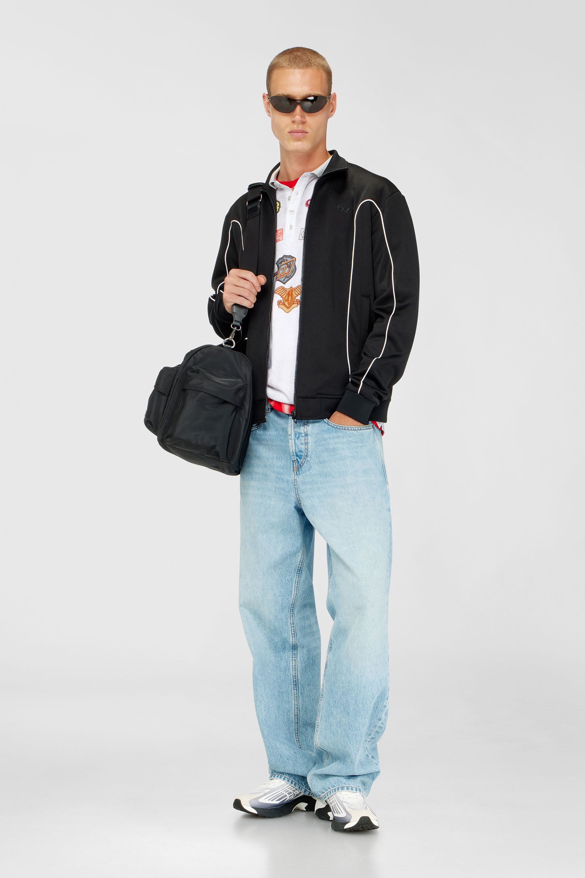 Diesel - S-LOCKING-DO, Man's Sweat fabric track jacket with contrast piping in Black - 2