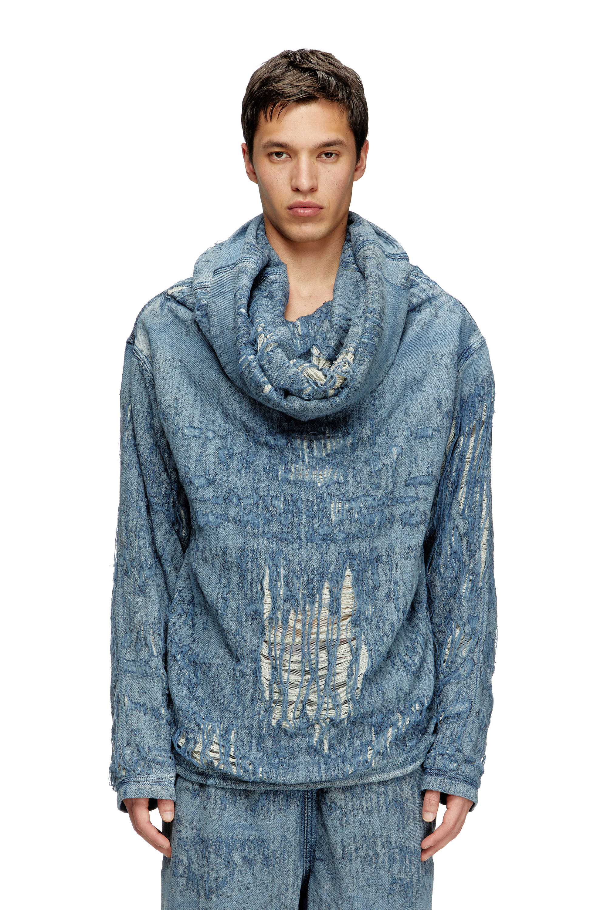 Diesel - D-UMBRIX-FSG, Man's Sweater in ultra-destroyed jacquard denim in Medium blue - 1