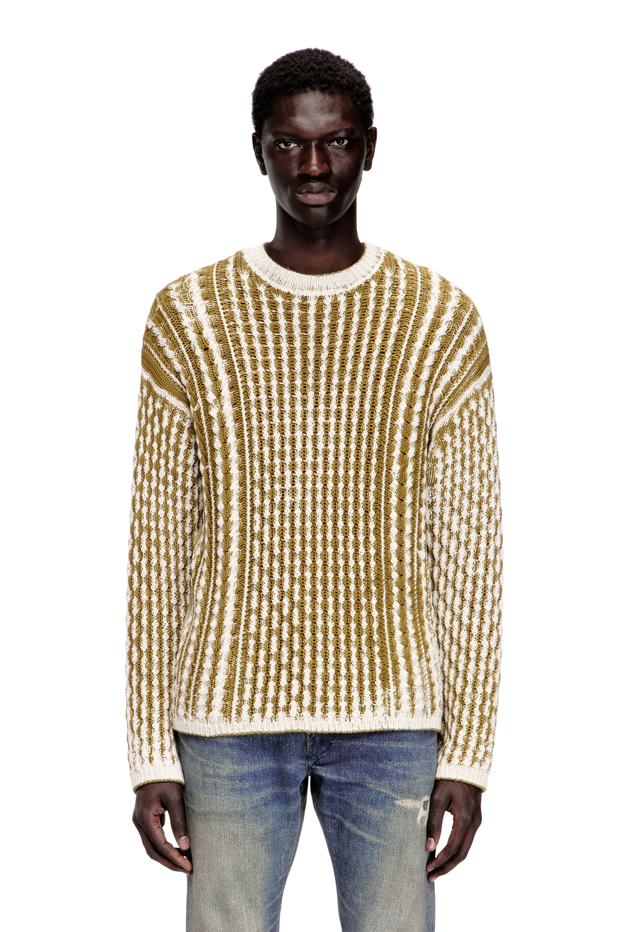 Diesel - K-MOISE, Man's Reverse-print cable-knit jumper in Brown/White - 1