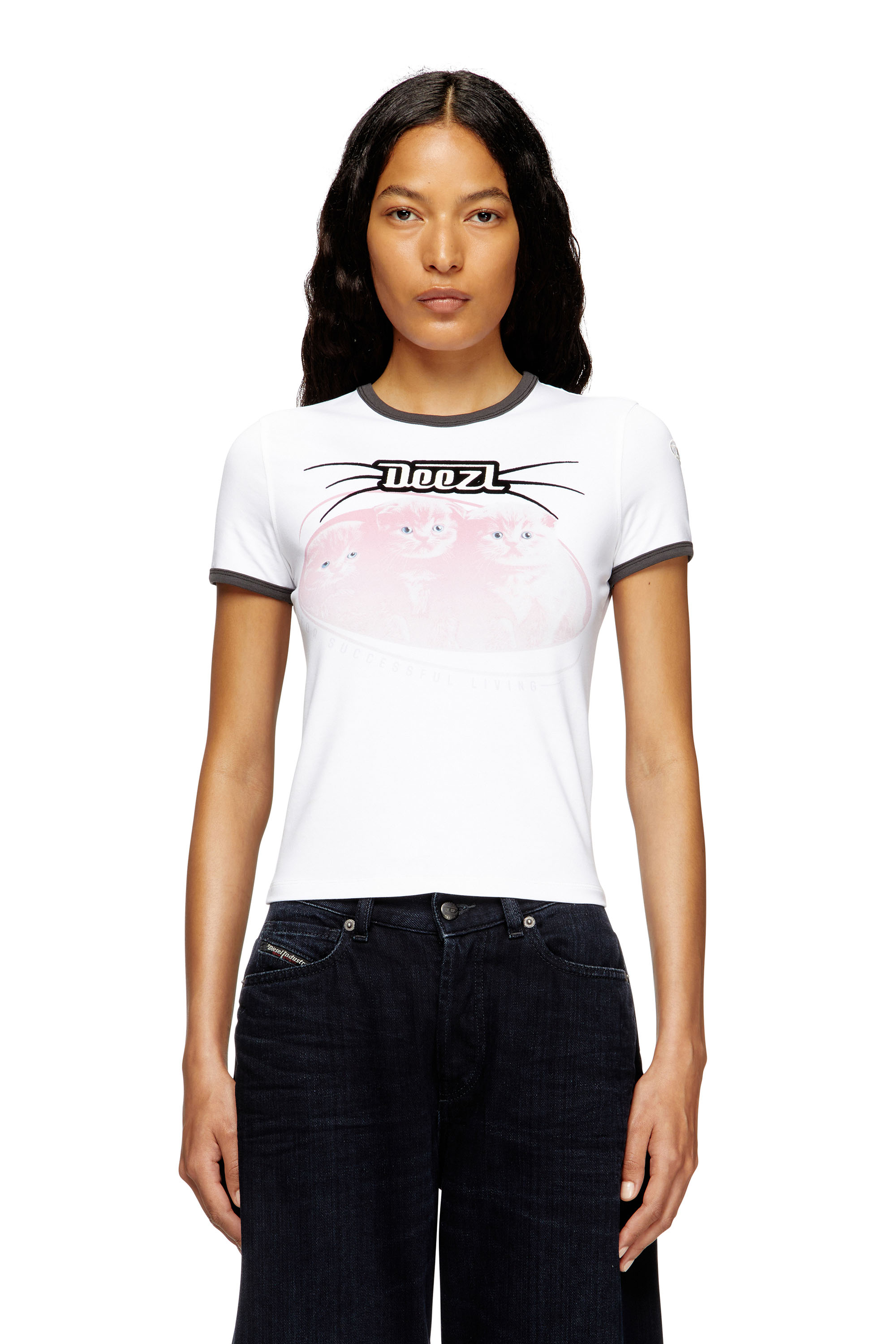 Diesel - T-UNCUTIES-LONG-R13, Woman's Cotton T-shirt with flock print in White - 1