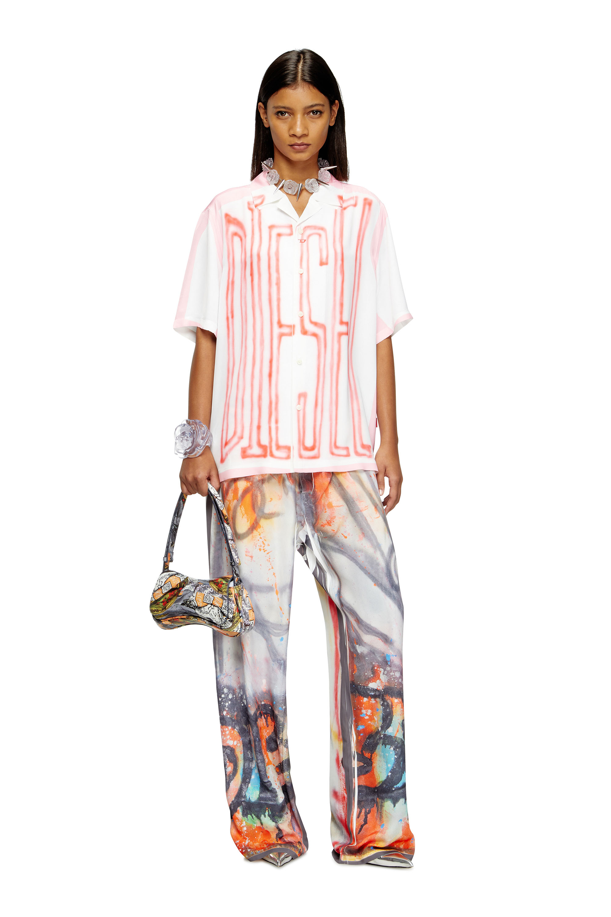 Diesel - C-PAROSHORT-GRAFFITI-FRA, Unisex's Satin bowling shirt with graffiti logo in Pink/White - 6