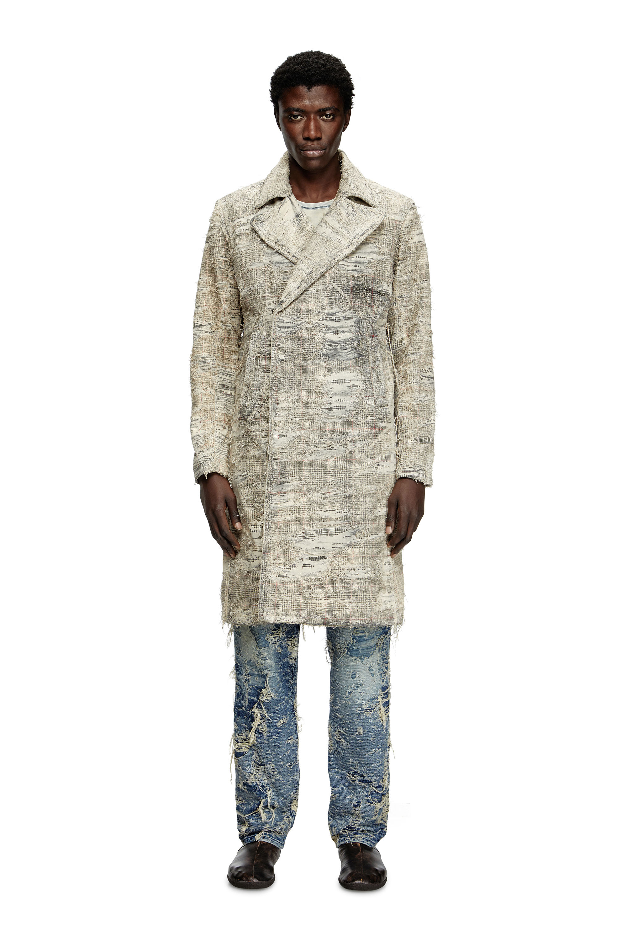 Diesel - D-ISCO-FSG, Man's Coat in distressed Prince of Wales denim in Grey - 1