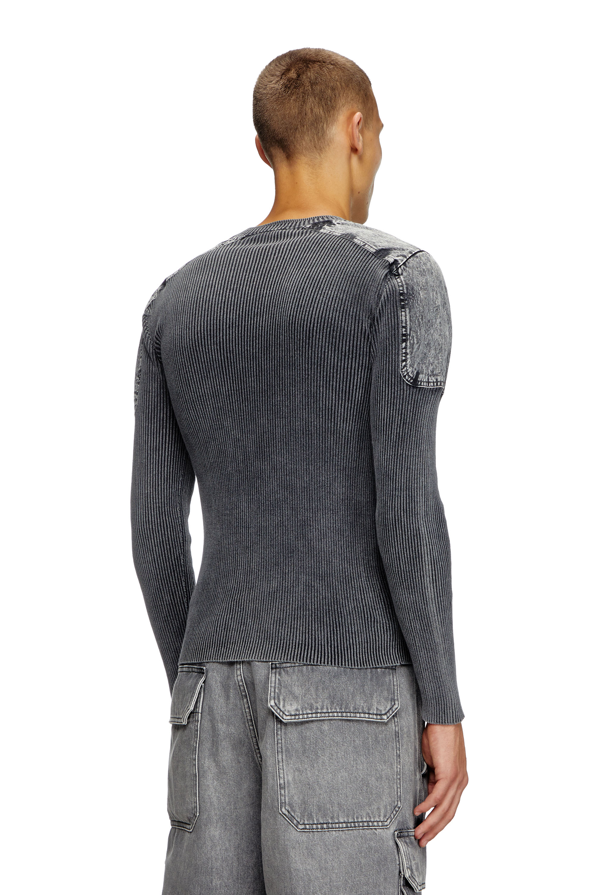 Diesel - K-MARTIN, Man's Jumper with denim shoulder panels in Dark grey - 4