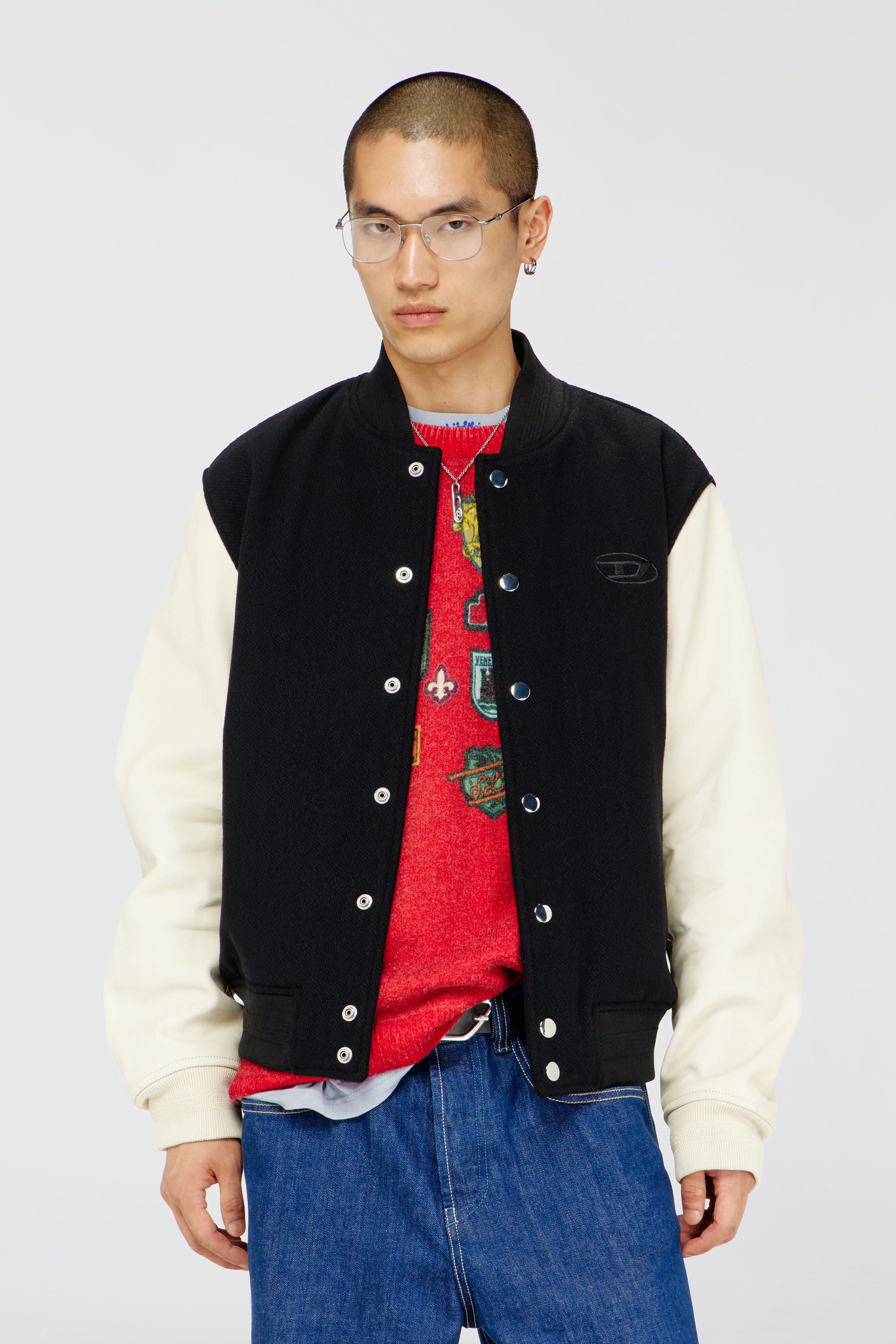 Diesel - L-ARRY-WRD, Man's Bomber jacket in wool blend and leather in Black/White - 3