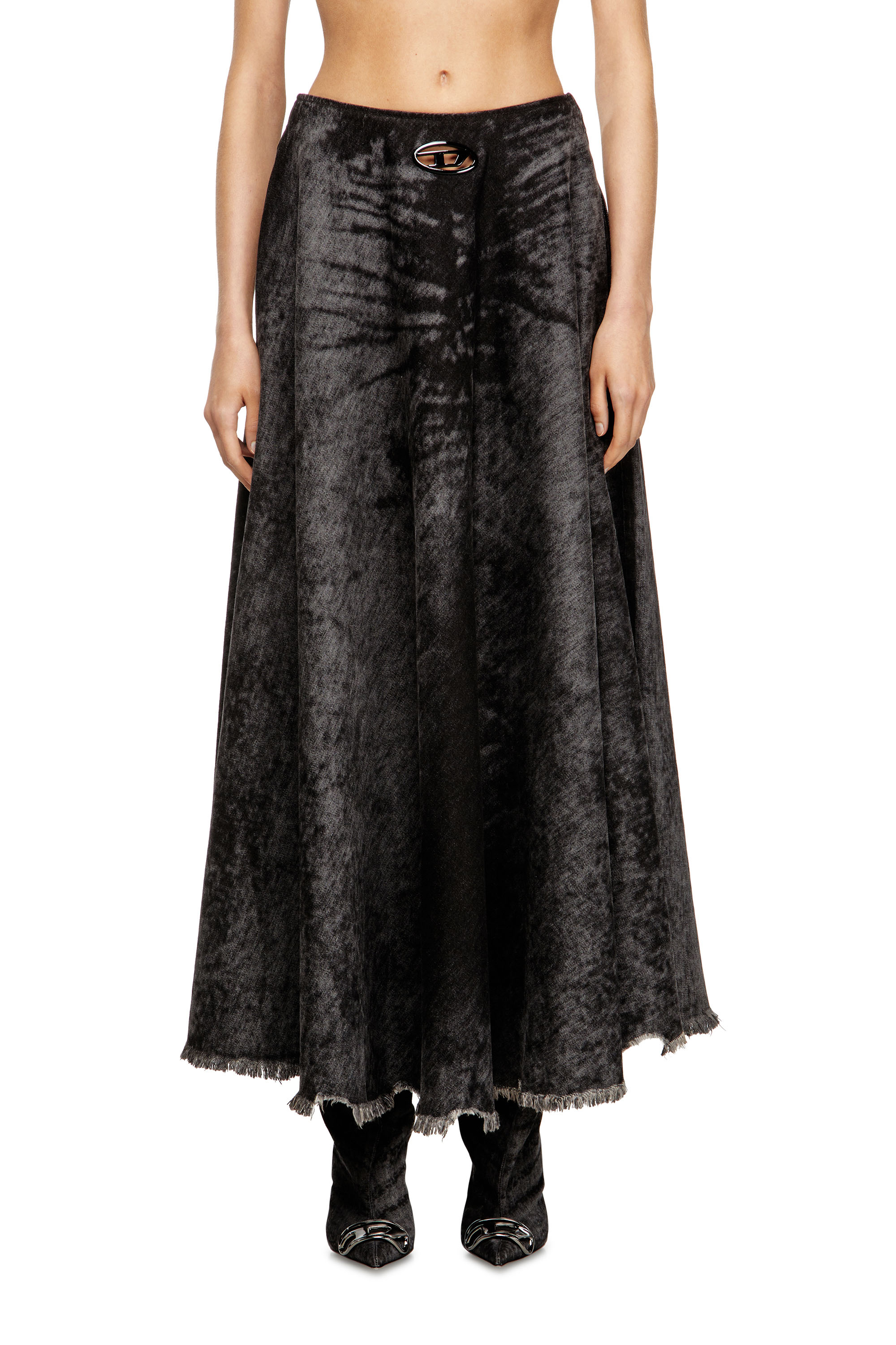 Diesel - DE-HANNIE-FSH, Woman's Full skirt in lasered cotton-hemp denim in Black - 1