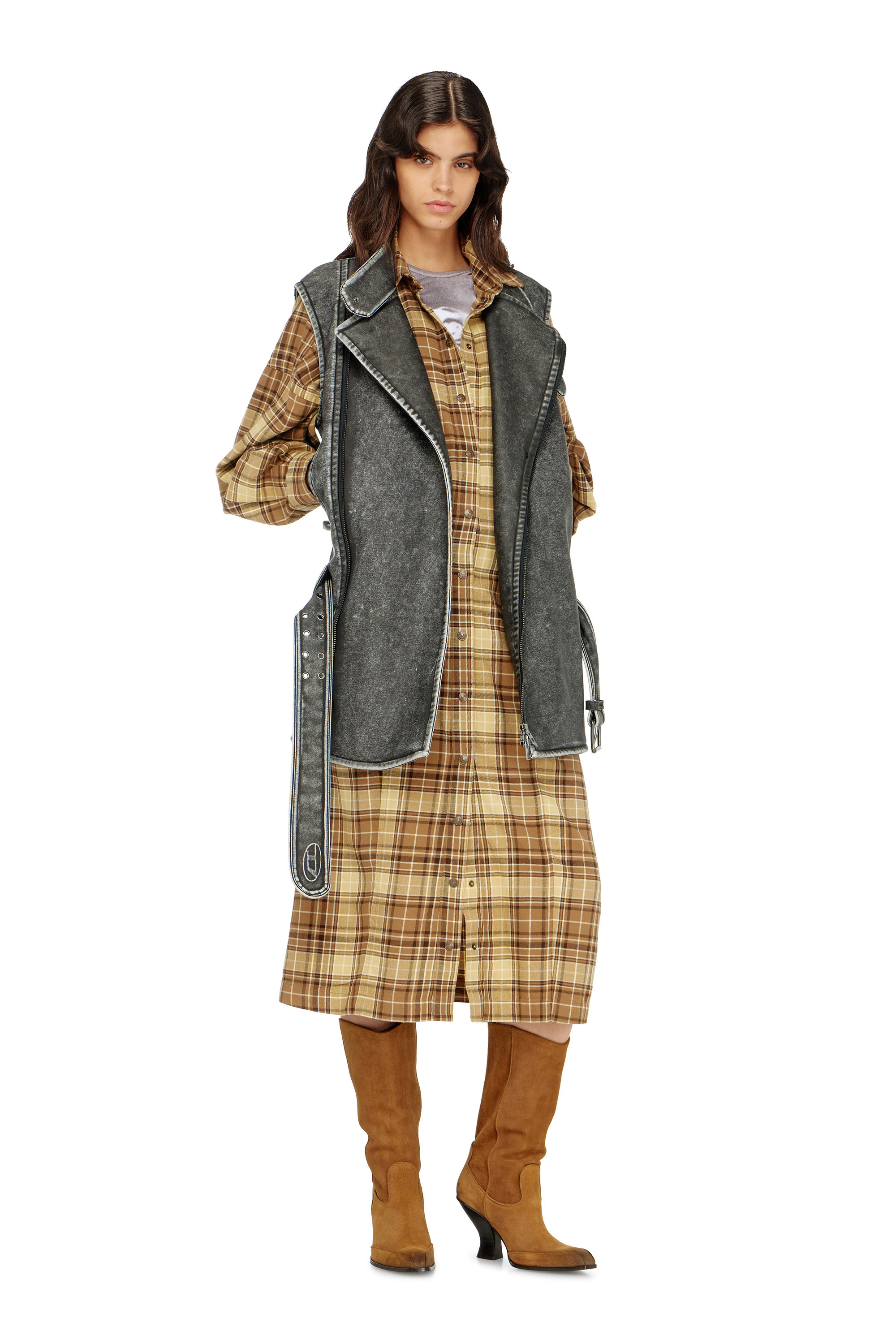 Diesel - D-EDALUS, Woman's Midi dress in check flannel with wide belt in Brown/Yellow - 2