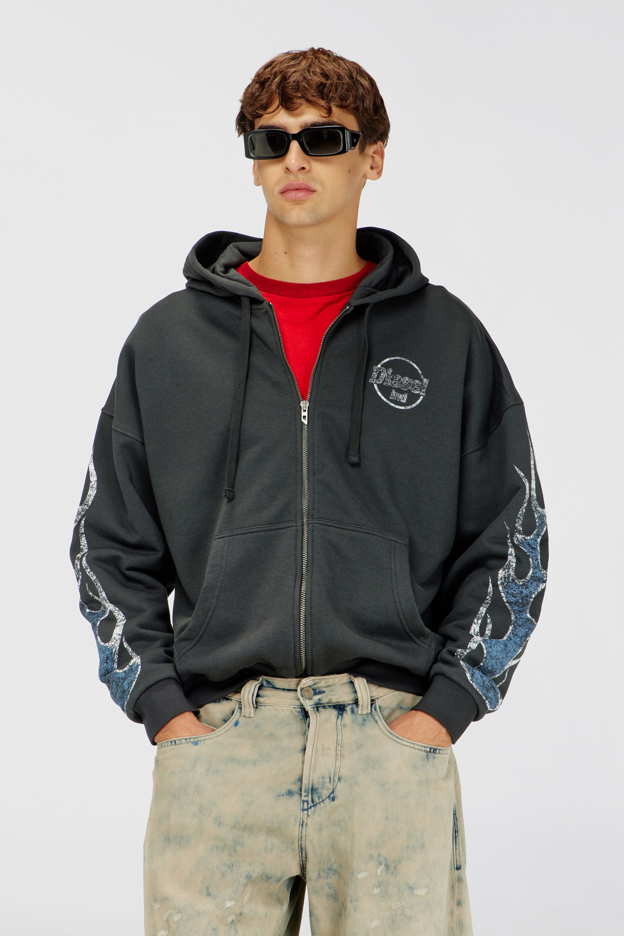 Diesel - S-TOLY-ZIP, Man's Zip-up hoodie with crack print in Dark grey - 2