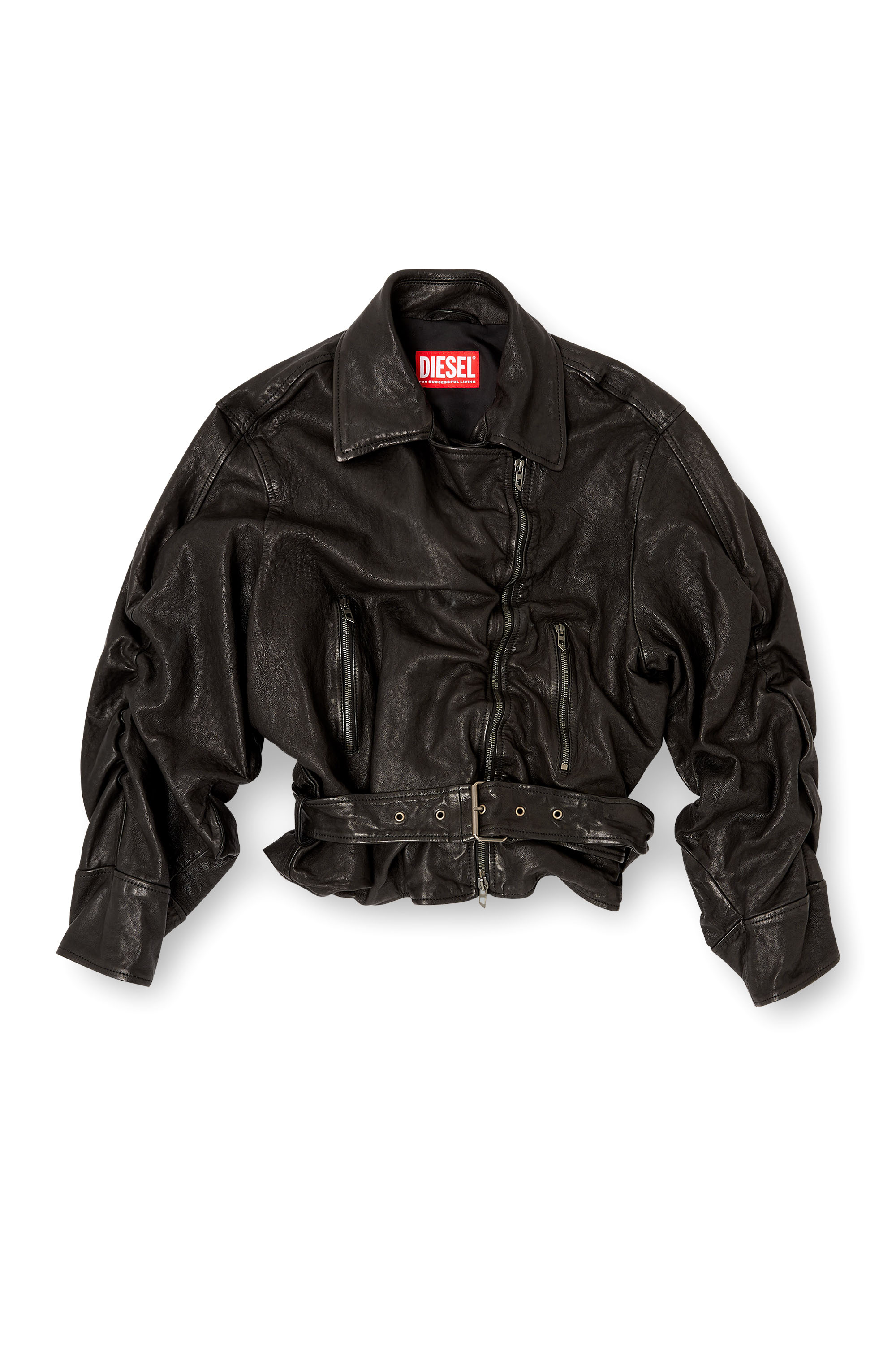 Diesel - L-OYS, Woman's Belted jacket in boiled leather in Black - 2