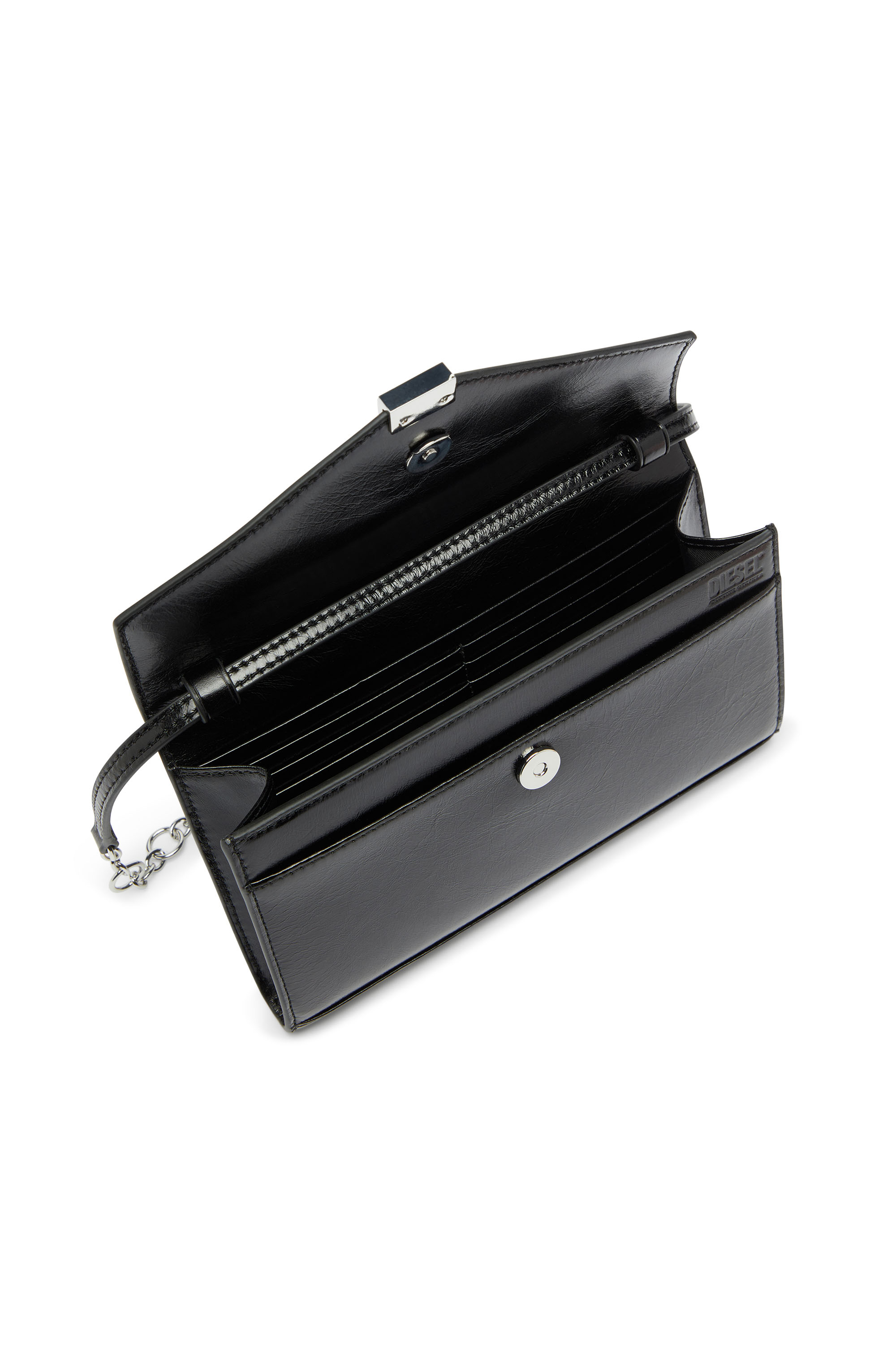 Diesel - D-ENVELOP WALLET ON CHAIN, Woman's Wallet purse in shiny wrinkled leather in Black - 4