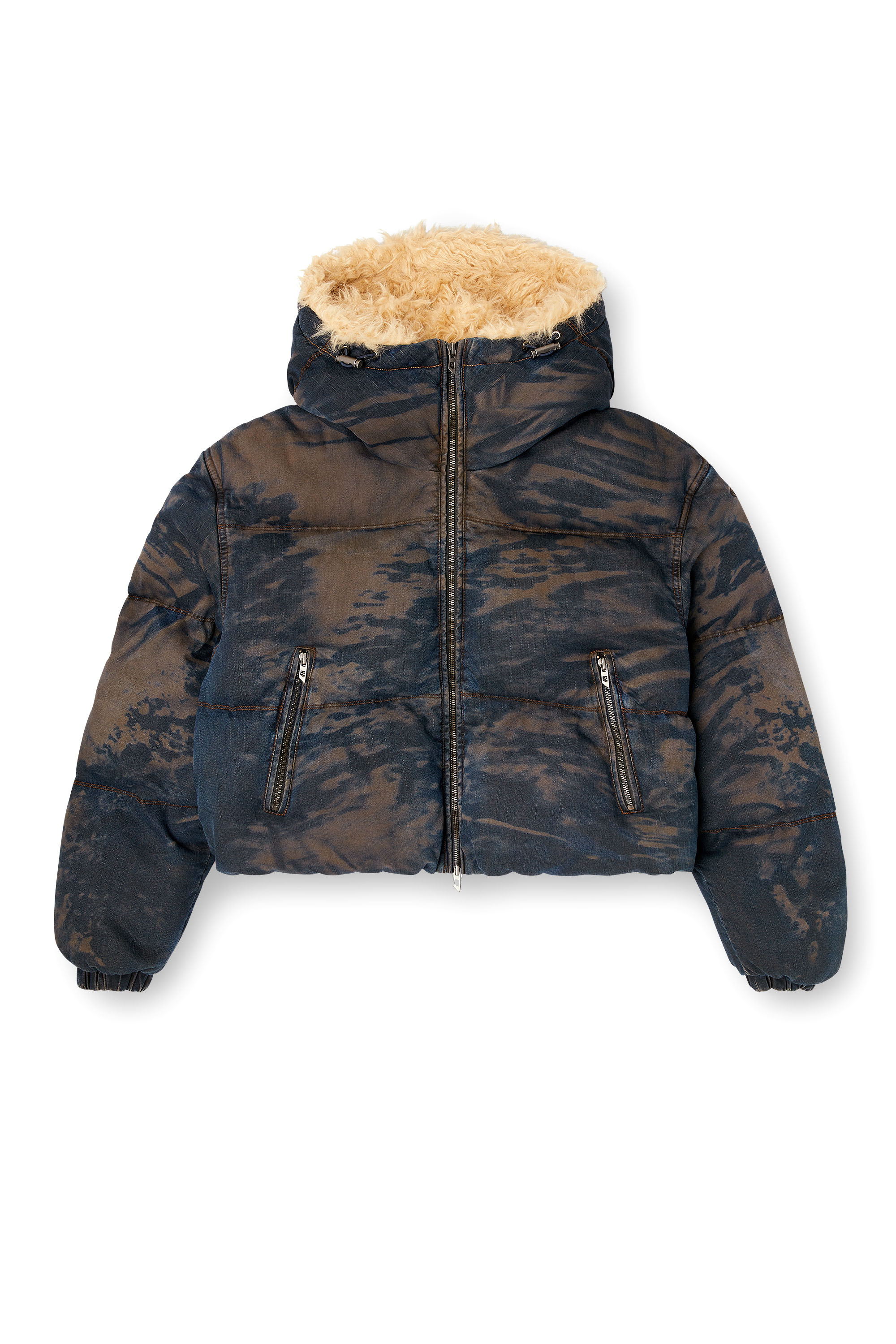 Diesel - W-AVES-FUR, Woman's Hooded puffer jacket in dirt-effect camo denim in Black/Brown - 2