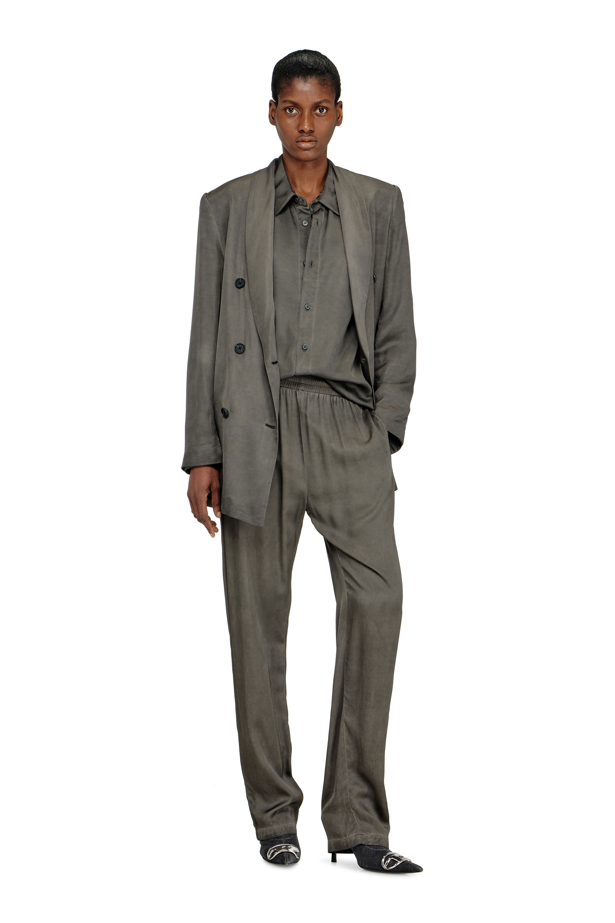 Diesel - P-TRAK, Woman's Fluid pants in pigment-dyed satin in Dark grey - 1