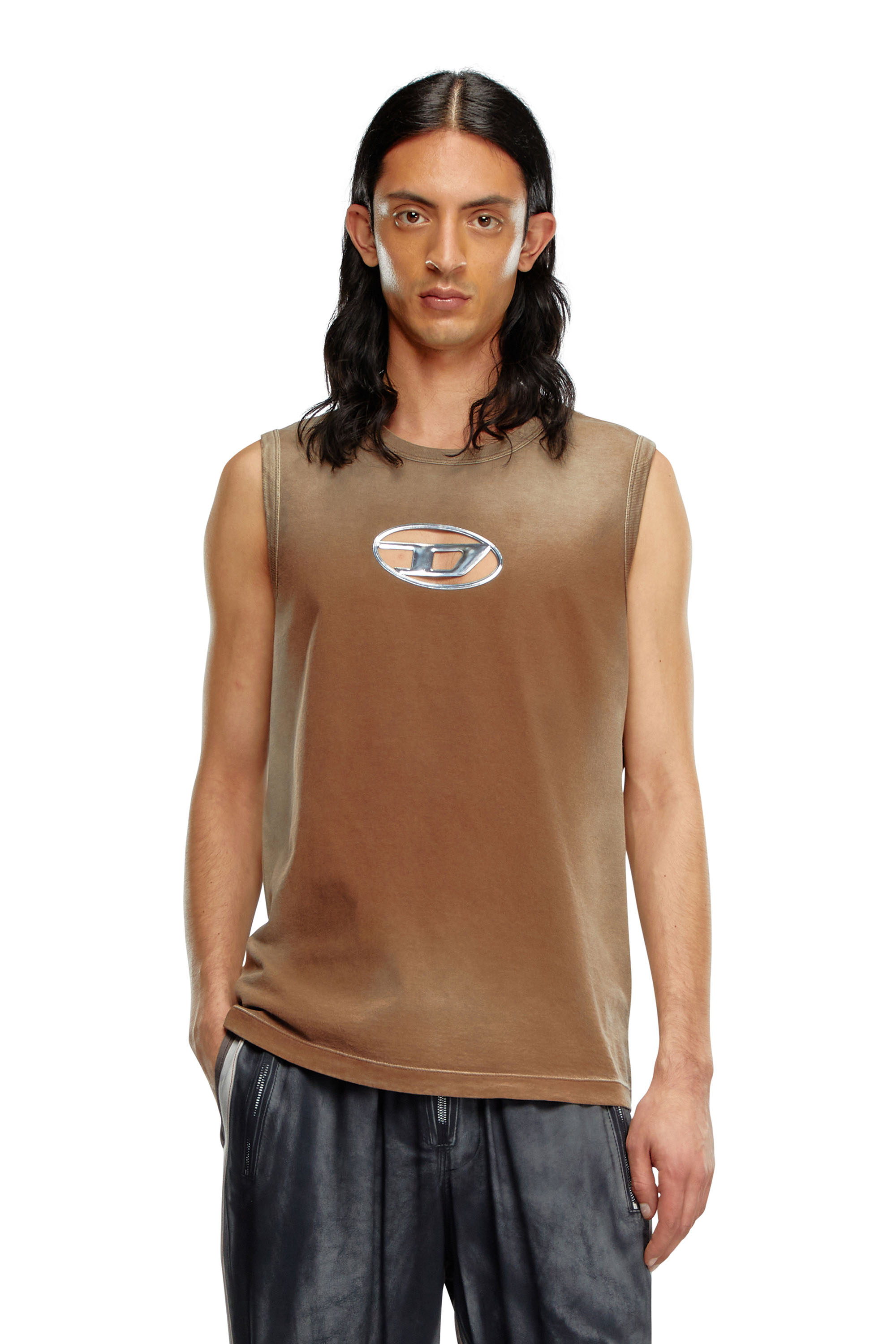 Diesel - T-BRICO, Man's Faded tank top with puffy Oval D in Brown - 1